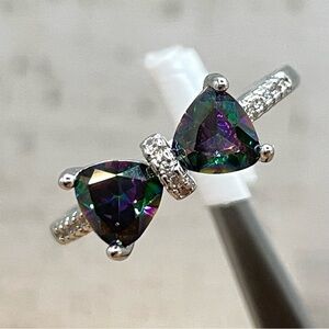 Beautiful Elegant Boho Bow Tie Trillion Cut Rainbow Mystic CZ Silver Plated Ring
